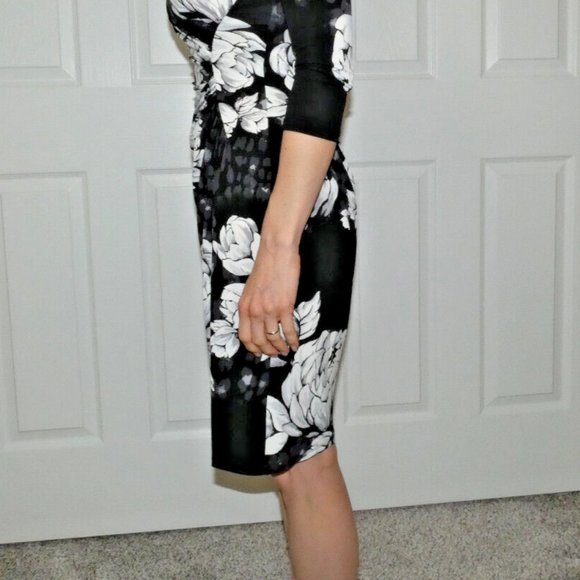 Dress Black White Floral Sheath Career Office Cocktail Party Date Night Size 2 - Picture 7 of 11